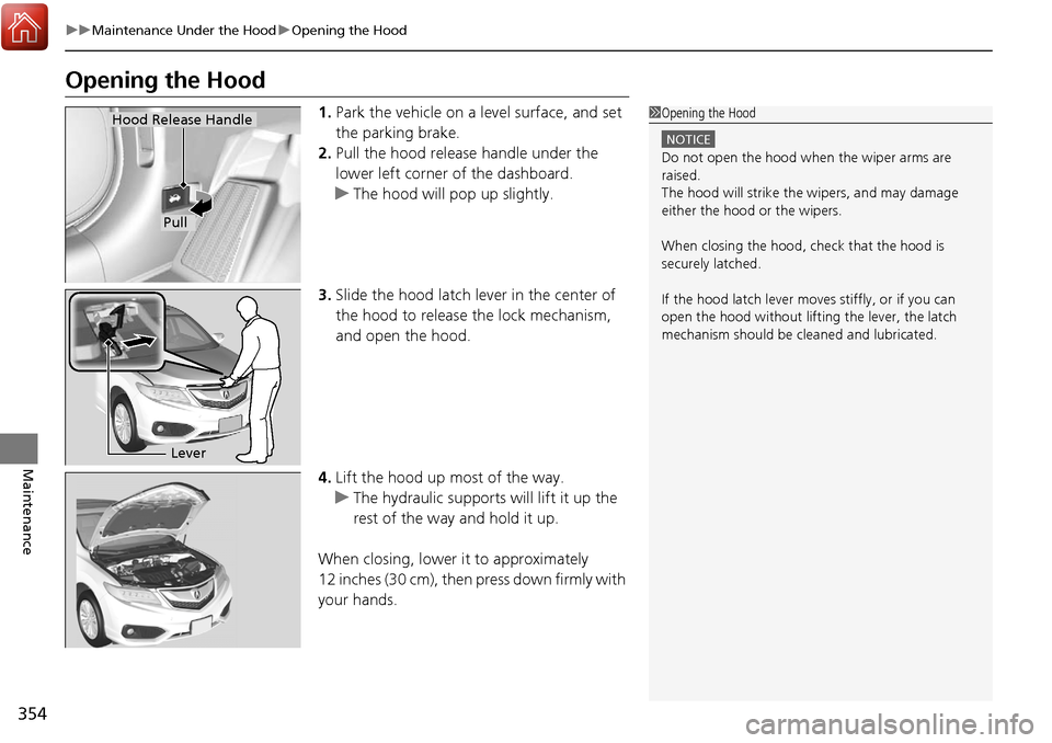Acura RDX 2018  Owners Manual 354
uuMaintenance Under the Hood uOpening the Hood
Maintenance
Opening the Hood
1. Park the vehicle on a level surface, and set 
the parking brake.
2. Pull the hood release handle under the 
lower lef