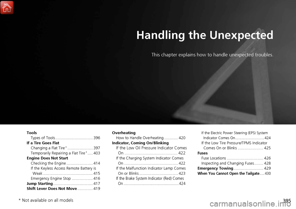 Acura RDX 2018 Owners Manual 395
Handling the Unexpected
This chapter explains how to handle unexpected troubles.
ToolsTypes of Tools .................................. 396
If a Tire Goes Flat Changing a Flat Tire
*.............. Acura RDX 2018 Owners Manual 395
Handling the Unexpected
This chapter explains how to handle unexpected troubles.
ToolsTypes of Tools .................................. 396
If a Tire Goes Flat Changing a Flat Tire
*..............