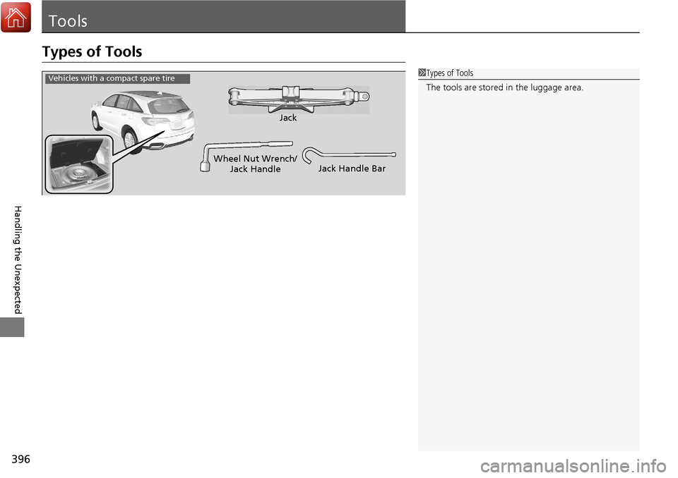 Acura RDX 2018 Owners Manual 396
Handling the Unexpected
Tools
Types of Tools
1Types of Tools
The tools are stored in the luggage area.
Wheel Nut Wrench/
Jack Handle Jack
Jack Handle Bar
Vehicles with a compact spare tire Acura RDX 2018 Owners Manual 396
Handling the Unexpected
Tools
Types of Tools
1Types of Tools
The tools are stored in the luggage area.
Wheel Nut Wrench/
Jack Handle Jack
Jack Handle Bar
Vehicles with a compact spare tire