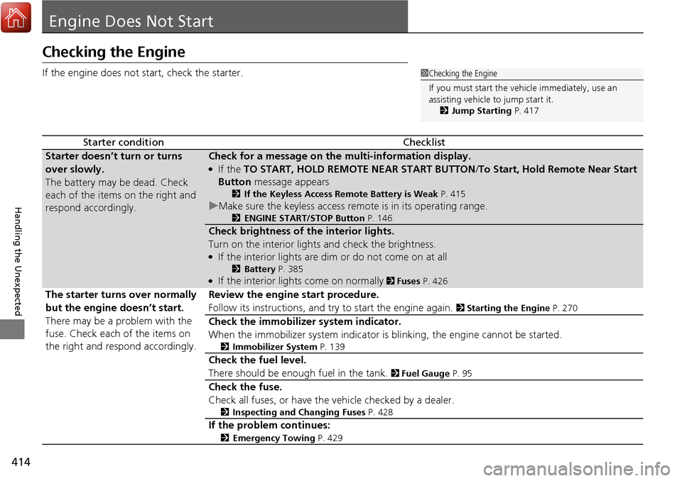 Acura RDX 2018 Owners Manual 414
Handling the Unexpected
Engine Does Not Start
Checking the Engine
If the engine does not start, check the starter.
Starter conditionChecklist
Starter doesn’t turn or turns
over slowly.
The batt Acura RDX 2018 Owners Manual 414
Handling the Unexpected
Engine Does Not Start
Checking the Engine
If the engine does not start, check the starter.
Starter conditionChecklist
Starter doesn’t turn or turns
over slowly.
The batt