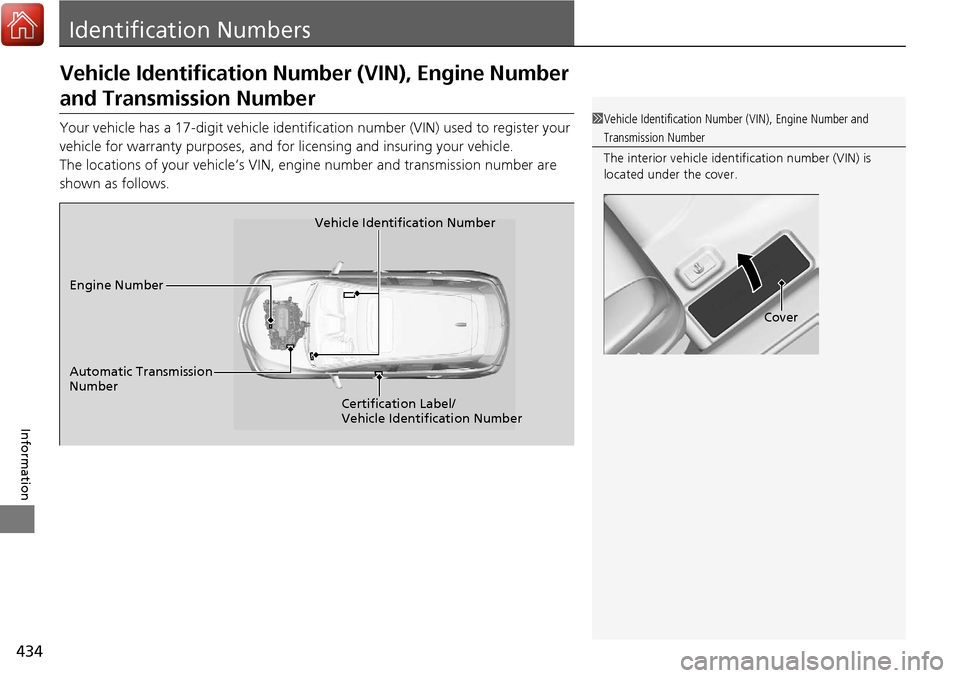 Acura RDX 2018 Owners Manual 434
Information
Identification Numbers
Vehicle Identification Number (VIN), Engine Number
and Transmission Number
Your vehicle has a 17-digit vehicle identification number (V IN) used to register you Acura RDX 2018 Owners Manual 434
Information
Identification Numbers
Vehicle Identification Number (VIN), Engine Number
and Transmission Number
Your vehicle has a 17-digit vehicle identification number (V IN) used to register you