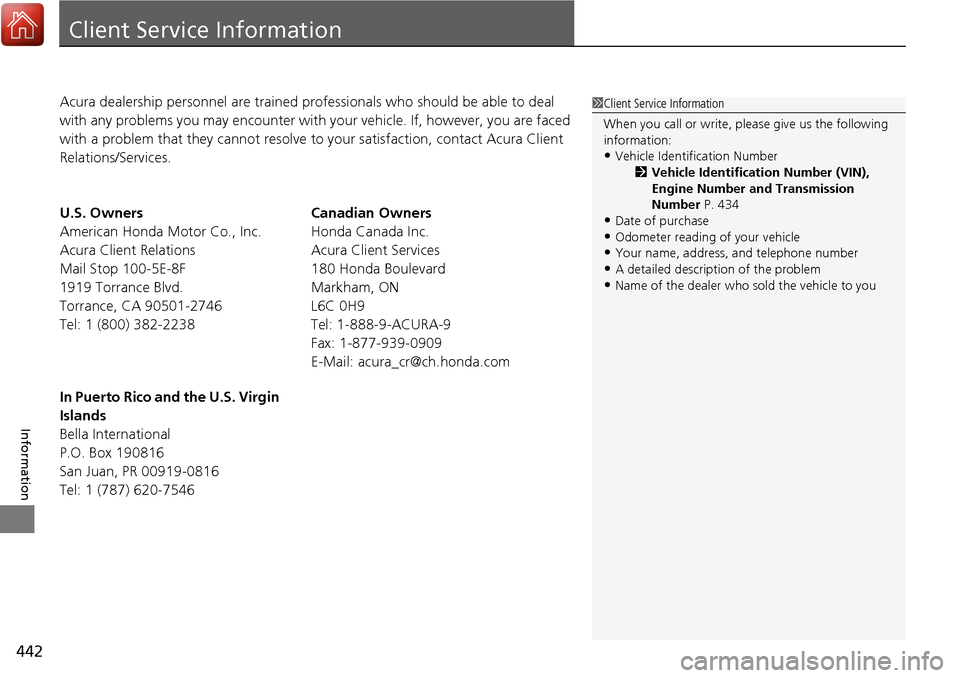 Acura RDX 2018 Owners Manual 442
Information
Client Service Information
Acura dealership personnel are trained professionals who should be able to deal
with any problems you may encounter with your vehicle. If, however, you are Acura RDX 2018 Owners Manual 442
Information
Client Service Information
Acura dealership personnel are trained professionals who should be able to deal
with any problems you may encounter with your vehicle. If, however, you are