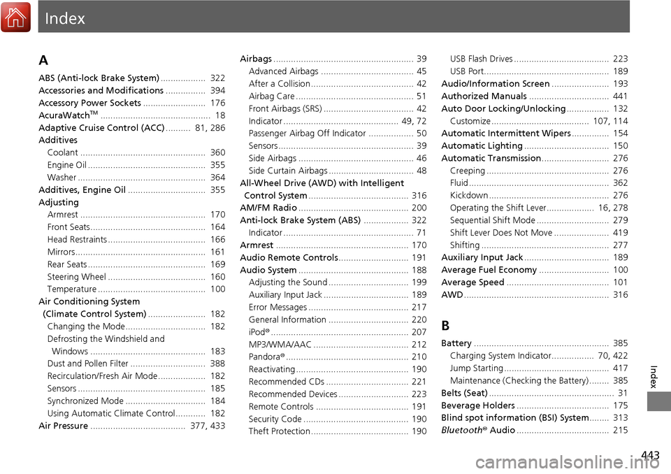 Acura RDX 2018 Owners Manual Index
443
Index
Index
A
ABS (Anti-lock Brake System).................. 322
Accessories and Modifications ................ 394
Accessory Power Sockets ......................... 176
AcuraWatch
TM.... Acura RDX 2018 Owners Manual Index
443
Index
Index
A
ABS (Anti-lock Brake System).................. 322
Accessories and Modifications ................ 394
Accessory Power Sockets ......................... 176
AcuraWatch
TM....
