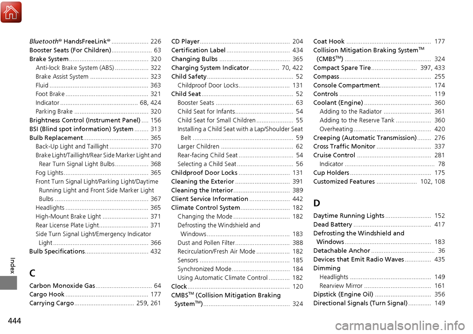 Acura RDX 2018  Owners Manual 444
Index
Bluetooth® HandsFreeLink ®..................... 226
Booster Seats (For Children) .......................  63
Brake System ............................................. 320
Anti-lock Brake 