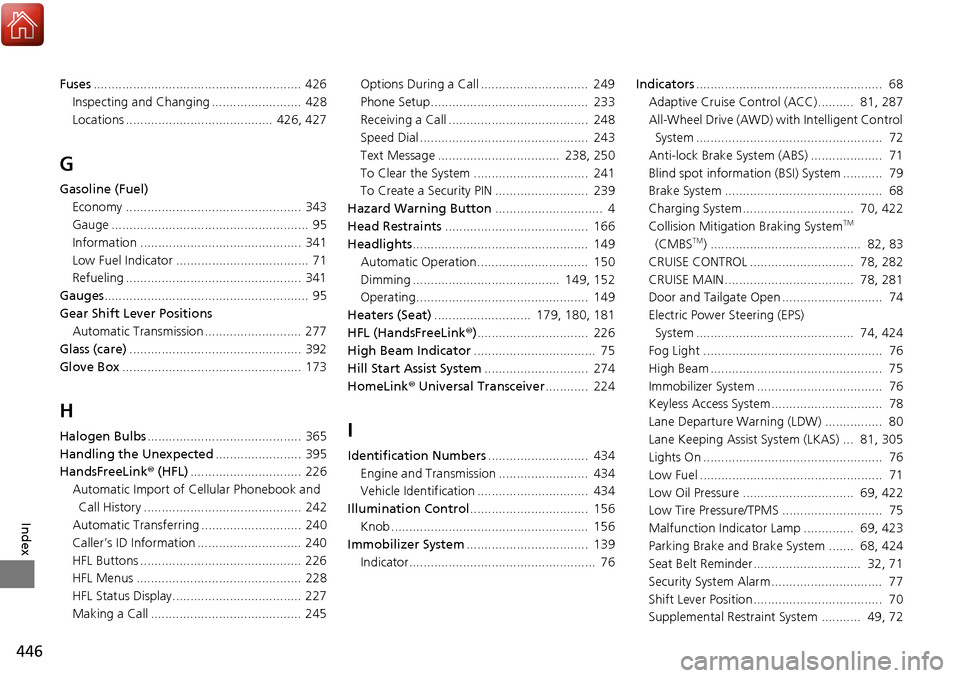 Acura RDX 2018 Owners Manual 446
Index
Fuses.......................................................... 426
Inspecting and Changing ......................... 428
Locations ......................................... 426, 427
G
Gas Acura RDX 2018 Owners Manual 446
Index
Fuses.......................................................... 426
Inspecting and Changing ......................... 428
Locations ......................................... 426, 427
G
Gas