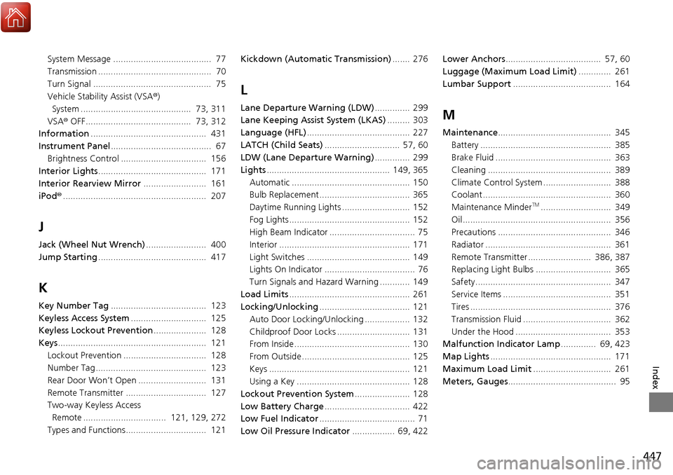 Acura RDX 2018 Owners Manual 447
Index
System Message ....................................... 77
Transmission ............................................. 70
Turn Signal ............................................... 75
Vehi Acura RDX 2018 Owners Manual 447
Index
System Message ....................................... 77
Transmission ............................................. 70
Turn Signal ............................................... 75
Vehi