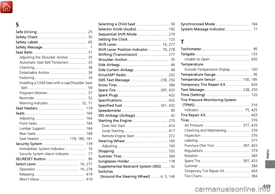 Acura RDX 2018  Owners Manual 449
Index
S
Safe Driving................................................  25
Safety Check ...............................................  30
Safety Labels ............................................