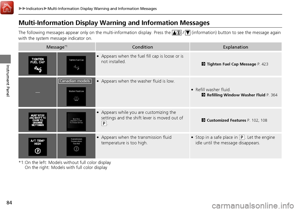 Acura RDX 2018 Owners Guide 84
uuIndicators uMulti-Information Display Warn ing and Information Messages
Instrument Panel
Multi-Information Display Warn ing and Information Messages
The following messages appear only on the mul Acura RDX 2018 Owners Guide 84
uuIndicators uMulti-Information Display Warn ing and Information Messages
Instrument Panel
Multi-Information Display Warn ing and Information Messages
The following messages appear only on the mul