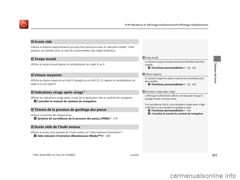 Acura RDX 2018  Manuel du propriétaire (in French) à suivre101
uuIndicateurs et affichage multifonctions uAffichage multifonctions
Tableau de bord
Indique la distance approximativ e qui peut être parcourue avec le carburant restant. Cette 
distance 