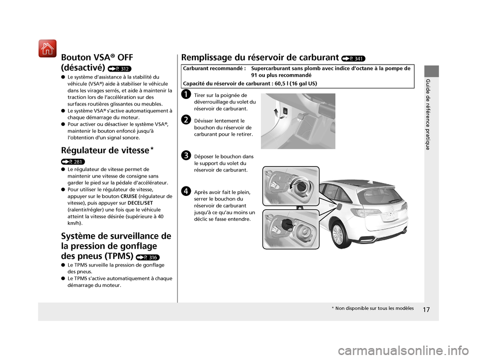 Acura RDX 2018  Manuel du propriétaire (in French) 17
Guide de référence pratique
Bouton VSA® OFF 
(désactivé) 
(P 312)
● Le système d’assistance à la stabilité du 
véhicule (VSA ®) aide à stabiliser le véhicule 
dans les virages serr�