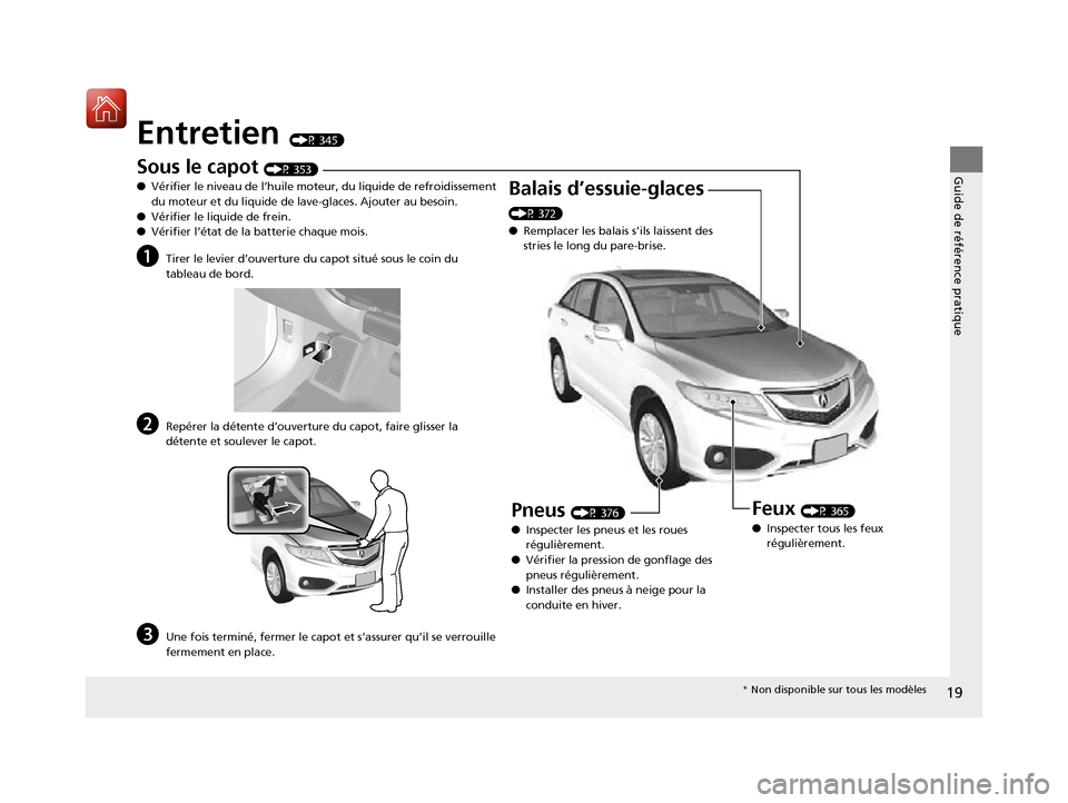 Acura RDX 2018  Manuel du propriétaire (in French) 19
Guide de référence pratique
Entretien (P 345)
Sous le capot (P 353)
● Vérifier le niveau de l’huile moteur, du liquide de refroidissement 
du moteur et du liquide de la ve-glaces. Ajouter au