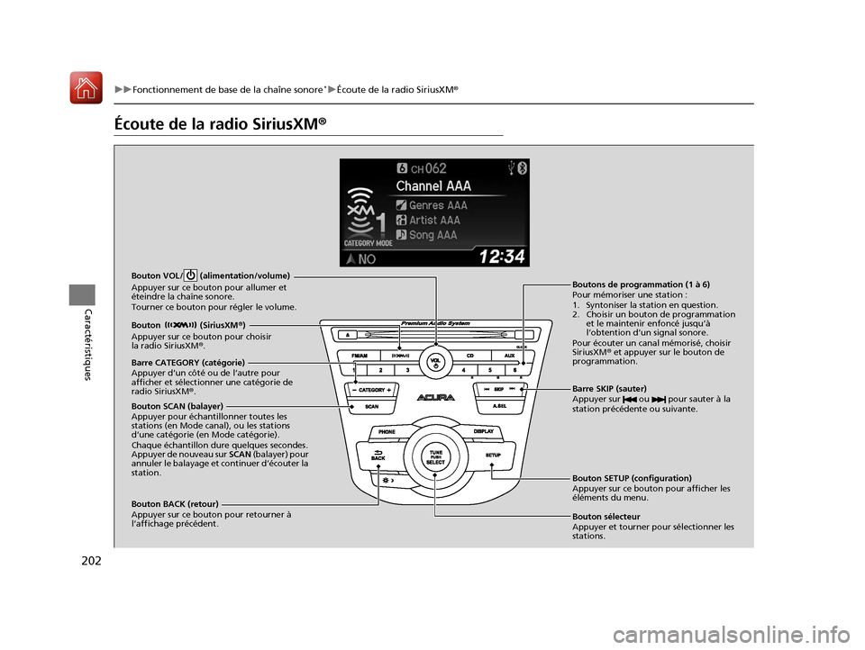 Acura RDX 2018 Manuel du propriétaire (in French) 202
uuFonctionnement de base de la chaîne sonore*uÉcoute de la radio SiriusXM ®
Caractéristiques
Écoute de la radio SiriusXM ®
Bouton BACK (retour)
Appuyer sur ce bouton pour retourner à
l’a Acura RDX 2018 Manuel du propriétaire (in French) 202
uuFonctionnement de base de la chaîne sonore*uÉcoute de la radio SiriusXM ®
Caractéristiques
Écoute de la radio SiriusXM ®
Bouton BACK (retour)
Appuyer sur ce bouton pour retourner à
l’a