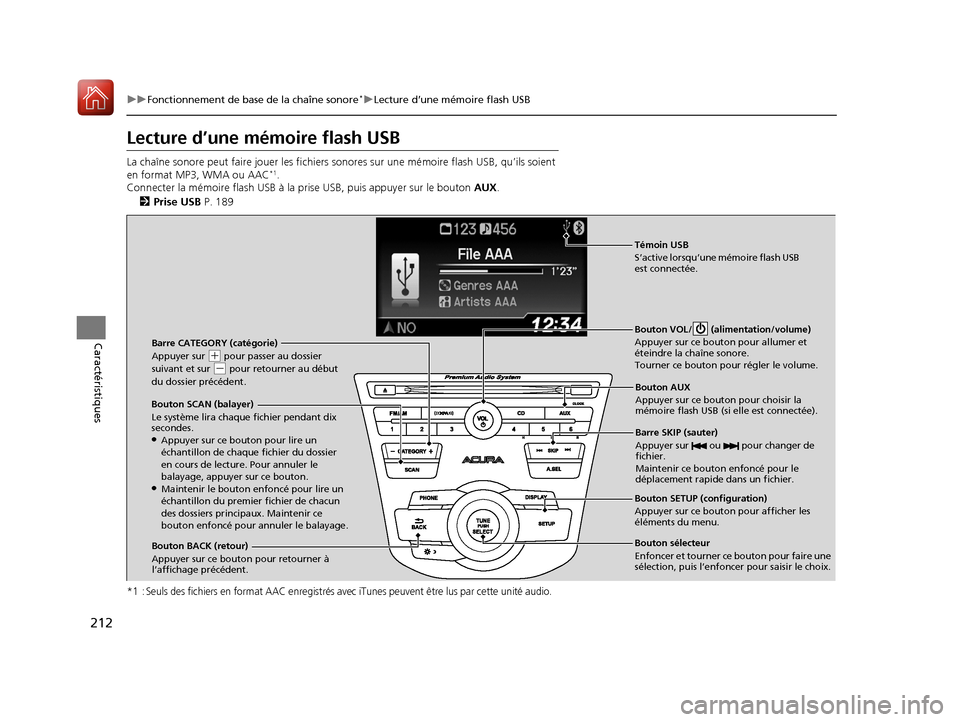 Acura RDX 2018 Manuel du propriétaire (in French) 212
uuFonctionnement de base de la chaîne sonore*uLecture d’une mémoire flash USB
Caractéristiques
Lecture d’une mémoire flash USB
La chaîne sonore peut faire joue r les fichiers sonores sur Acura RDX 2018 Manuel du propriétaire (in French) 212
uuFonctionnement de base de la chaîne sonore*uLecture d’une mémoire flash USB
Caractéristiques
Lecture d’une mémoire flash USB
La chaîne sonore peut faire joue r les fichiers sonores sur