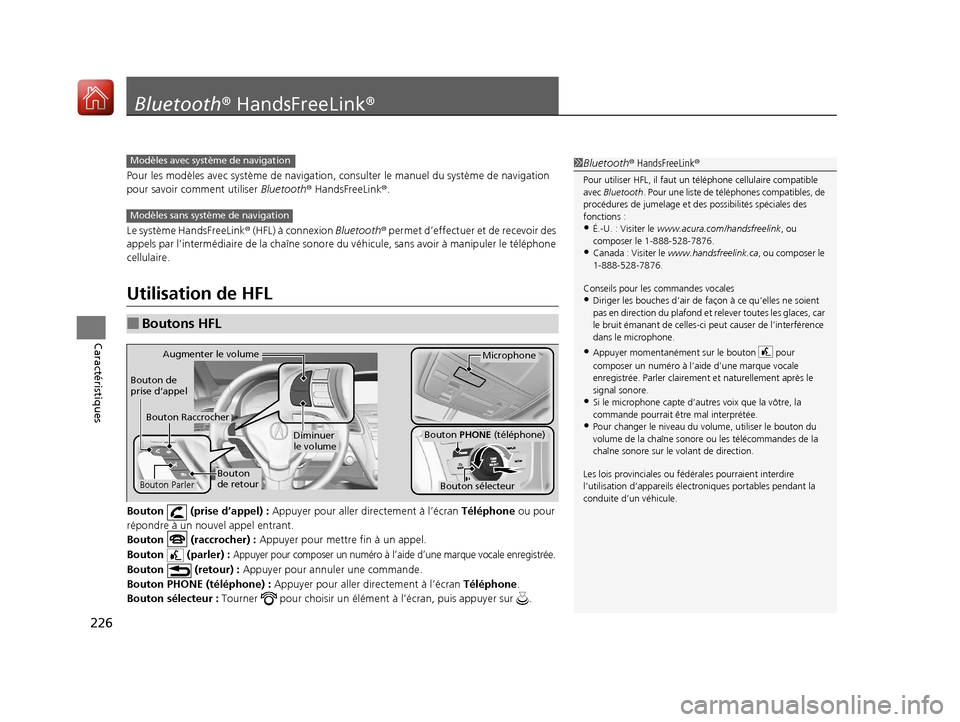 Acura RDX 2018  Manuel du propriétaire (in French) 226
Caractéristiques
Bluetooth® HandsFreeLink ®
Pour les modèles avec système  de navigation, consulter le manuel du système de navigation 
pour savoir comment utiliser  Bluetooth® HandsFreeLin