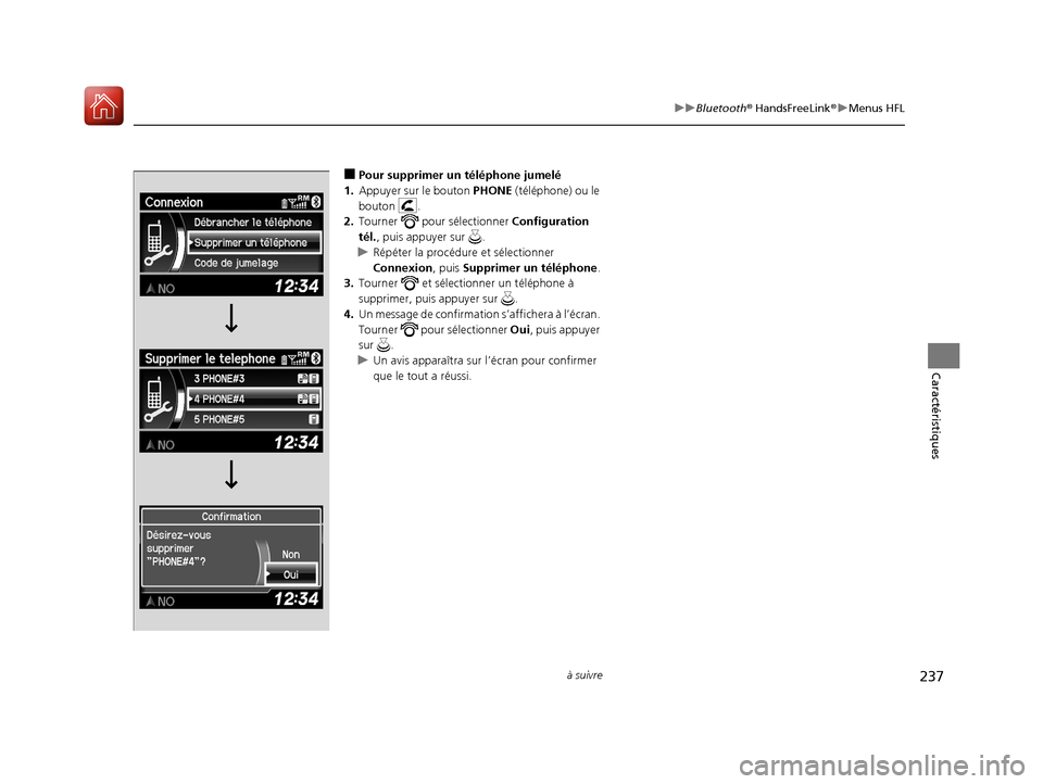 Acura RDX 2018  Manuel du propriétaire (in French) 237
uuBluetooth ® HandsFreeLink ®u Menus HFL
à suivre
Caractéristiques
■Pour supprimer un téléphone jumelé
1. Appuyer sur le bouton  PHONE (téléphone) ou le 
bouton .
2. Tourner  pour  sél