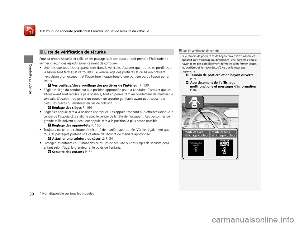 Acura RDX 2018  Manuel du propriétaire (in French) uuPour une conduite prudente uCaractéristiques de sécurité du véhicule
30
Conduite prudentePour sa propre sécurité et celle de ses passagers, le conducte ur doit prendre l’habitude de 
vérifi