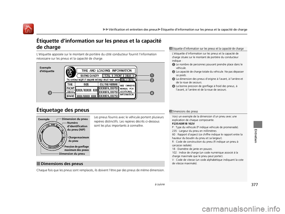 Acura RDX 2018  Manuel du propriétaire (in French) 377
uuVérification et entretien des pneus uÉtiquette d’information sur les pneus et la capacité de charge
à suivre
Entretien
Étiquette d’information sur  les pneus et la capacité 
de charge
