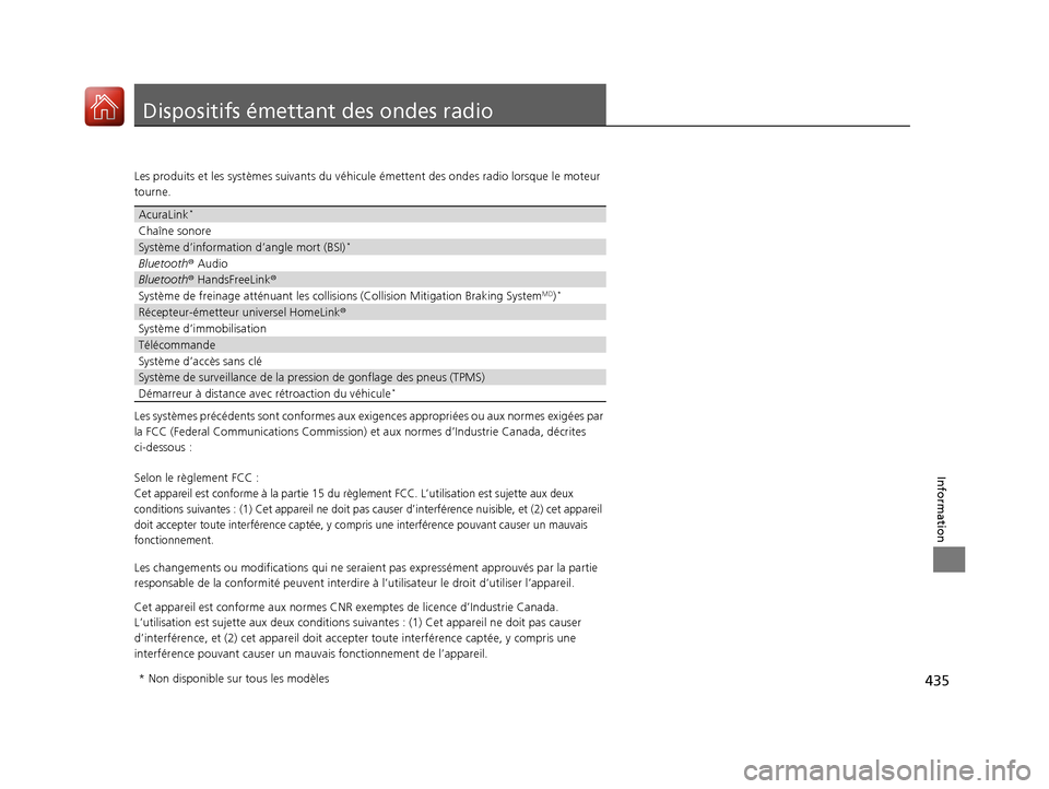 Acura RDX 2018  Manuel du propriétaire (in French) 435
Information
Dispositifs émettant des ondes radio
Les produits et les systèmes suivants du véhicule  émettent des ondes radio lorsque le moteur 
tourne.
Les systèmes précédents sont conforme