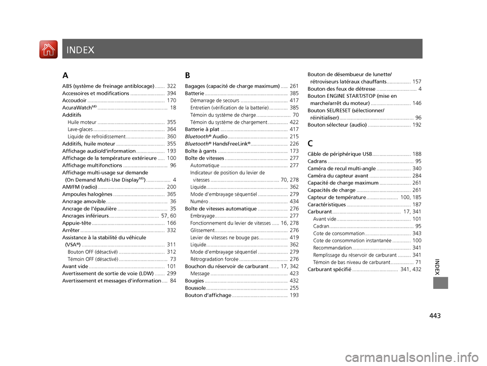 Acura RDX 2018  Manuel du propriétaire (in French) INDEX
443
INDEX
INDEX
A
ABS (système de freinage antiblocage).......  322
Accessoires et modifications........................  394
Accoudoir......................................................  17