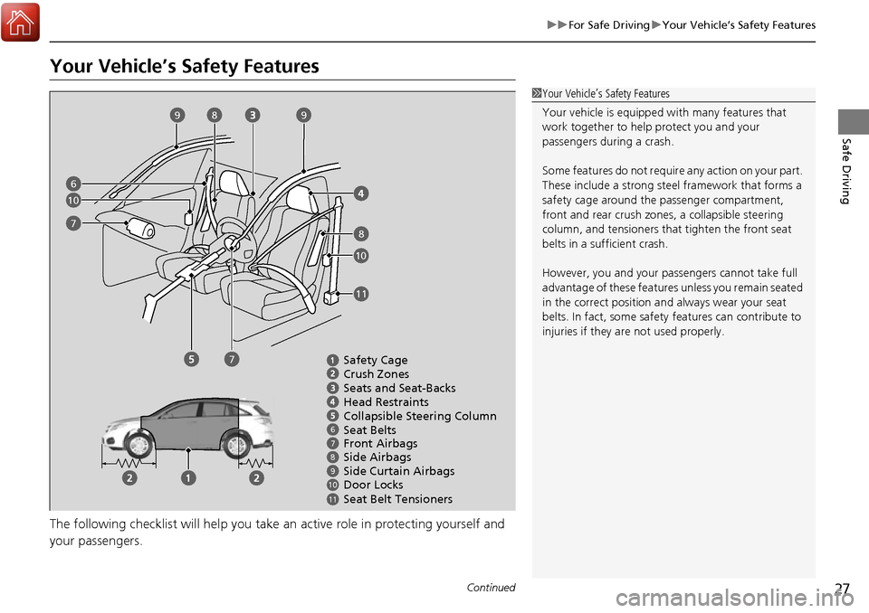 Acura RDX 2017  Owners Manual 27
uuFor Safe Driving uYour Vehicle’s Safety Features
Continued
Safe Driving
Your Vehicle’s Safety Features
The following checklist will he lp you take an active role in protecting yourself and 
y