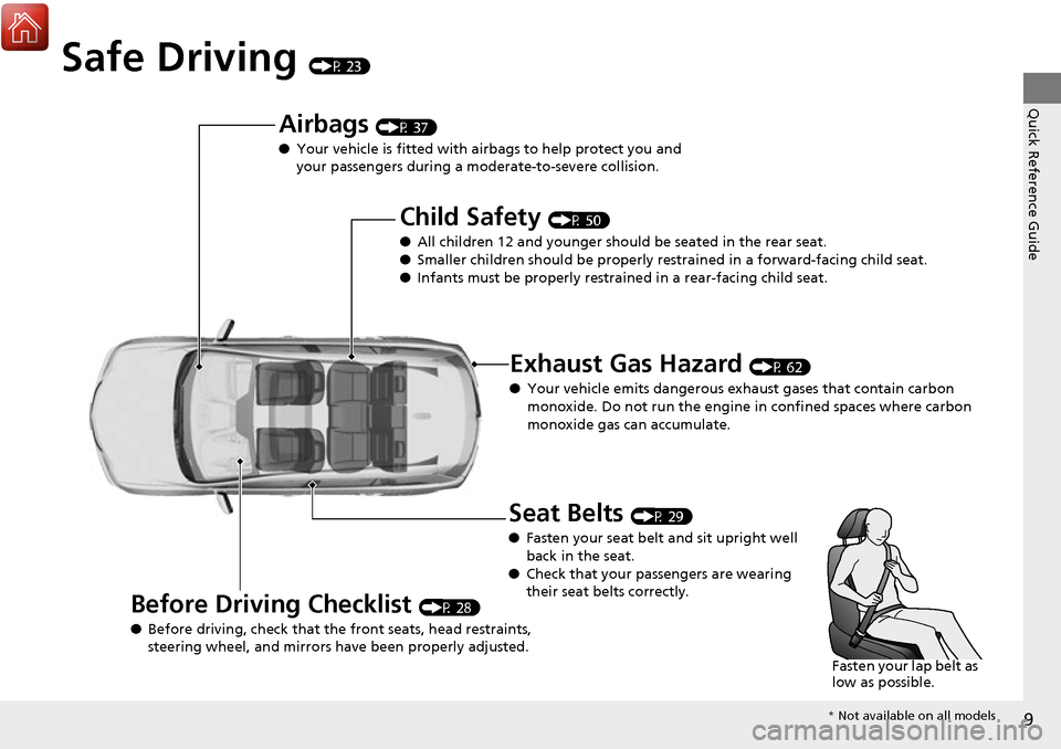 Acura RDX 2017  Owners Manual 9
Quick Reference Guide
Safe Driving (P 23)
Airbags (P 37)
● Your vehicle is fitted with ai rbags to help protect you and 
your passengers during a moderate-to-severe collision.
Child Safety (P 50)
