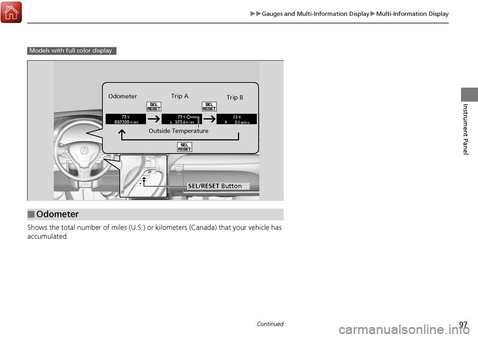 Acura RDX 2017  Owners Manual 97
uuGauges and Multi-Information Display uMulti-Information Display
Continued
Instrument Panel
Shows the total number of miles (U.S.) or  kilometers (Canada) that your vehicle has 
accumulated.
Model