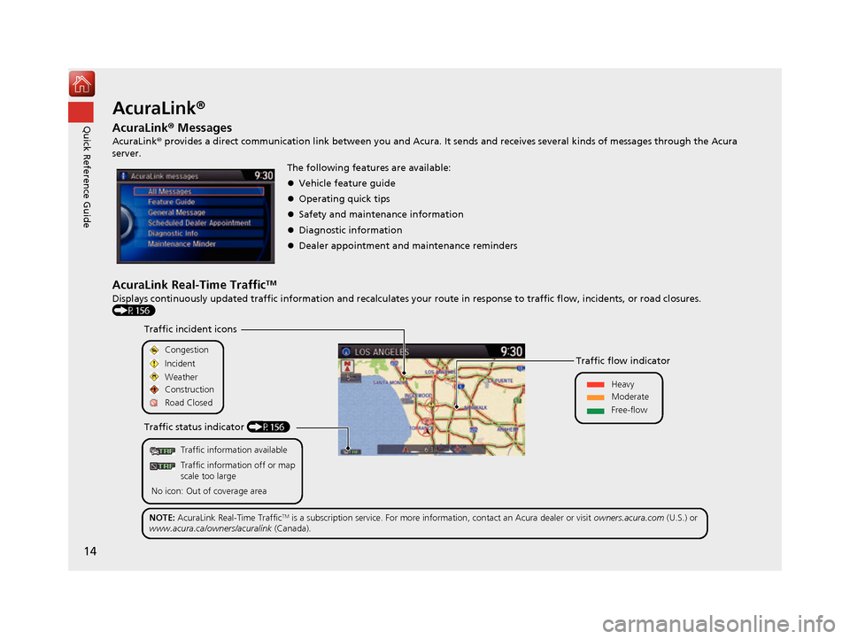 Acura RDX 2017  Navigation Manual 14
Quick Reference GuideAcuraLink®
AcuraLink®  Messages
AcuraLink® provides a direct communication link between you and Acura. It  sends and receives several kinds of messages through the Acura 
se