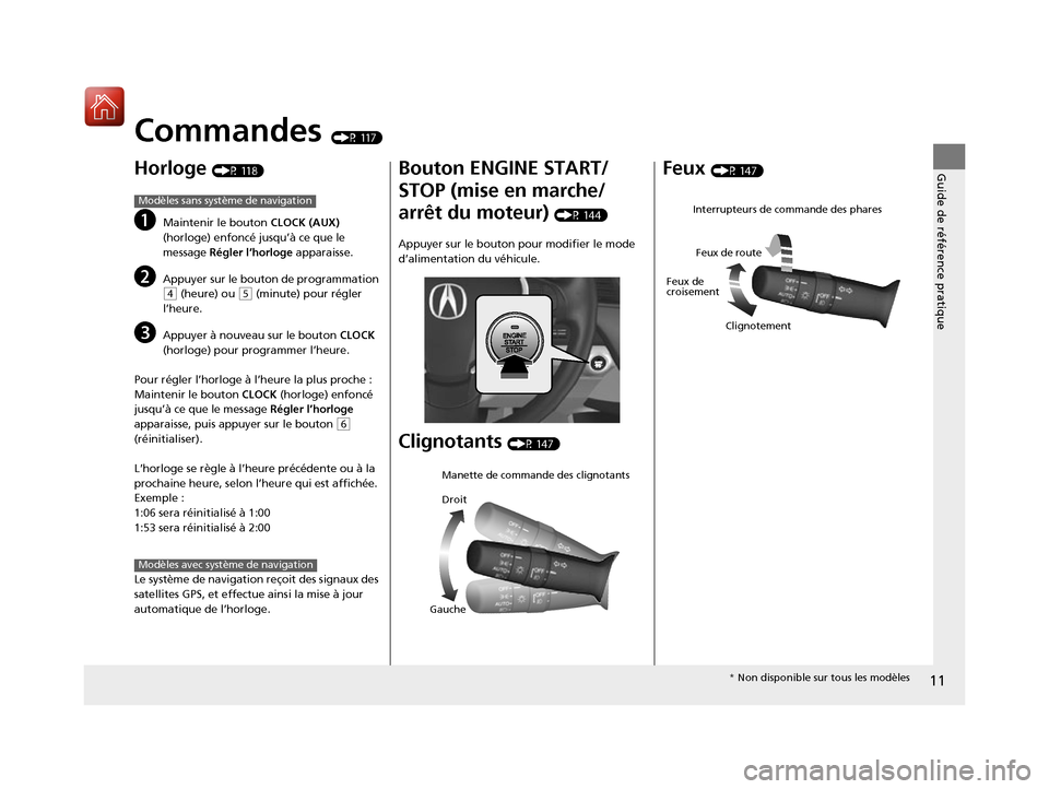 Acura RDX 2017 Manuel du propriétaire (in French) 11
Guide de référence pratique
Commandes (P 117)
Horloge (P 118)
aMaintenir le bouton CLOCK (AUX)
(horloge) enfoncé jusqu’à ce que le
message Régler l’horloge apparaisse.
bAppuyer sur le Acura RDX 2017 Manuel du propriétaire (in French) 11
Guide de référence pratique
Commandes (P 117)
Horloge (P 118)
aMaintenir le bouton CLOCK (AUX)
(horloge) enfoncé jusqu’à ce que le
message Régler l’horloge apparaisse.
bAppuyer sur le