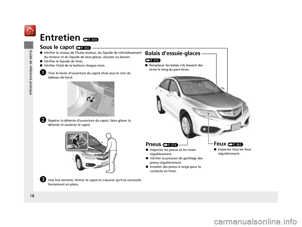 Acura RDX 2017  Manuel du propriétaire (in French) 18
Guide de référence pratique
Entretien (P 343)
Sous le capot (P 351)
● Vérifier le niveau de l’huile moteur, du liquide de refroidissement 
du moteur et du liquide de la ve-glaces. Ajouter au