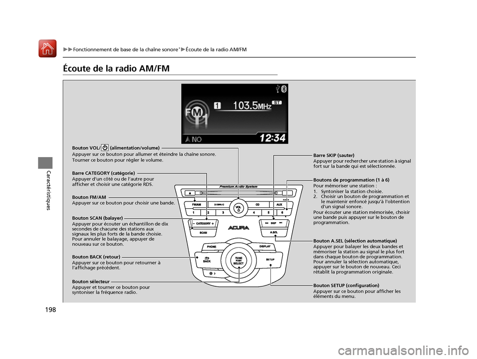 Acura RDX 2017  Manuel du propriétaire (in French) 198
uuFonctionnement de base de la chaîne sonore*uÉcoute de la radio AM/FM
Caractéristiques
Écoute de la radio AM/FM
Bouton BACK (retour)
Appuyer sur ce bouton pour retourner à 
l’affichage pr