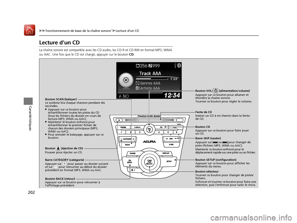 Acura RDX 2017  Manuel du propriétaire (in French) 202
uuFonctionnement de base de la chaîne sonore*uLecture d’un CD
Caractéristiques
Lecture d’un CD
La chaîne sonore est compatible avec les CD a udio, les CD-R et CD-RW en format MP3, WMA 
ou A
