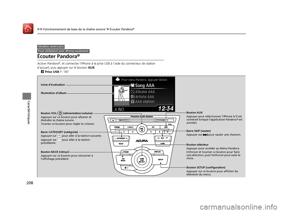 Acura RDX 2017  Manuel du propriétaire (in French) 208
uuFonctionnement de base de la chaîne sonore*uÉcouter Pandora ®
Caractéristiques
Écouter Pandora ®
Activer Pandora®, et connecter l’iPhone à la prise USB à l’aide du connecteur de sta