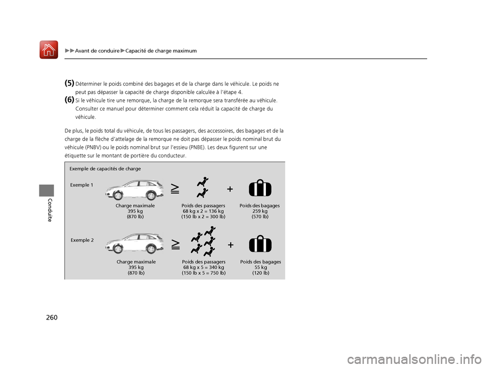 Acura RDX 2017 Manuel du propriétaire (in French) 260
uuAvant de conduire uCapacité de charge maximum
Conduite
(5)Déterminer le poids combiné de s bagages et de la charge dans le véhicule. Le poids ne
peut pas dépasser la capa cité de charge d Acura RDX 2017 Manuel du propriétaire (in French) 260
uuAvant de conduire uCapacité de charge maximum
Conduite
(5)Déterminer le poids combiné de s bagages et de la charge dans le véhicule. Le poids ne
peut pas dépasser la capa cité de charge d