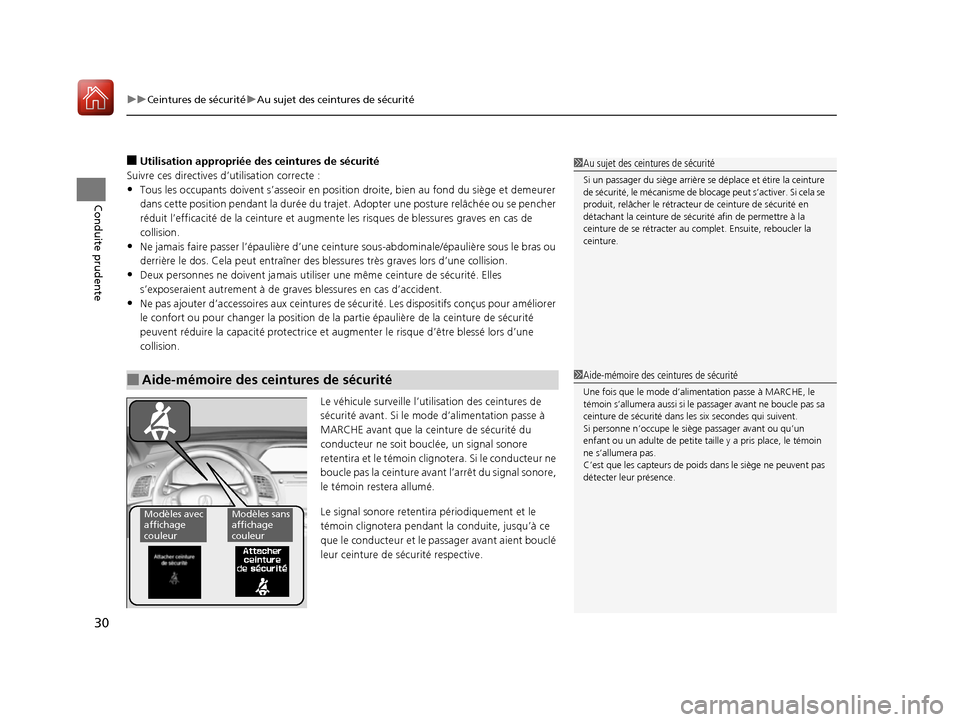 Acura RDX 2017 Manuel du propriétaire (in French) uuCeintures de sécurité uAu sujet des ceintures de sécurité
30
Conduite prudente
■Utilisation appropriée des ceintures de sécurité
Suivre ces directives d’utilisation correcte :
•Tous les Acura RDX 2017 Manuel du propriétaire (in French) uuCeintures de sécurité uAu sujet des ceintures de sécurité
30
Conduite prudente
■Utilisation appropriée des ceintures de sécurité
Suivre ces directives d’utilisation correcte :
•Tous les