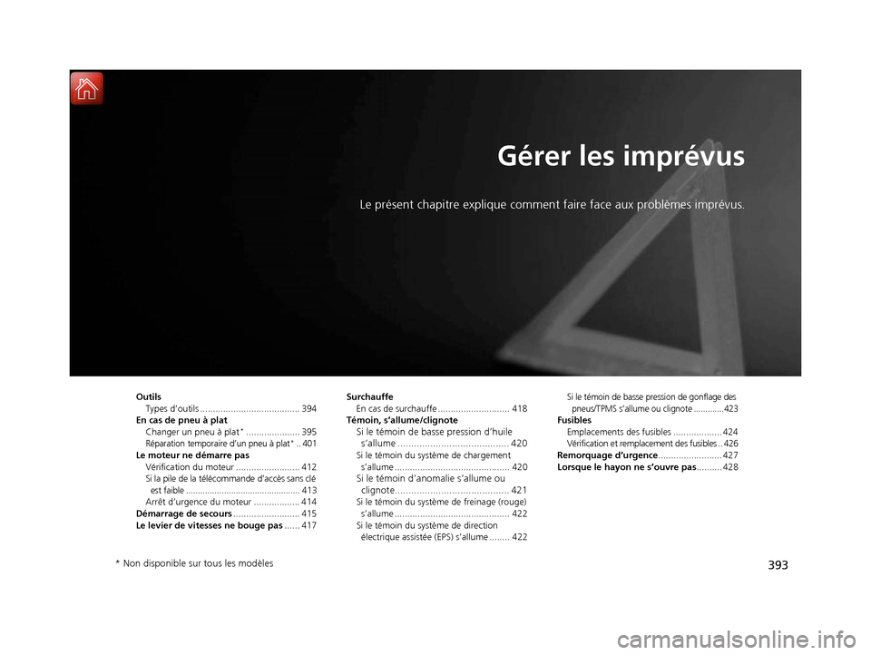 Acura RDX 2017  Manuel du propriétaire (in French) 393
Gérer les imprévus
Le présent chapitre explique comment faire face aux problèmes imprévus.
Outils
Types d’outils ....................................... 394
En cas de pneu à plat Changer u