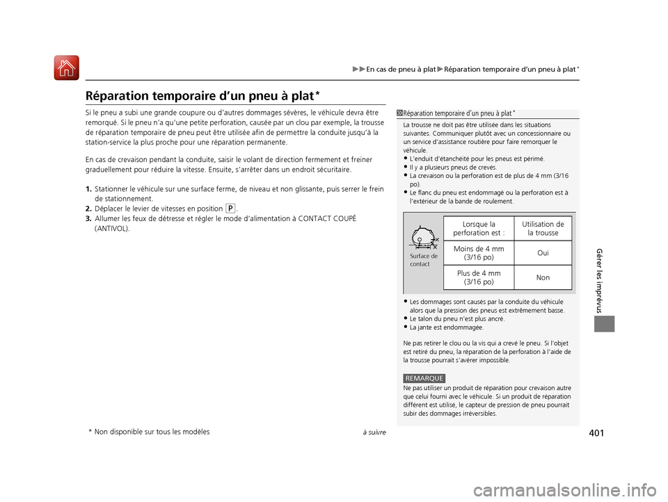 Acura RDX 2017  Manuel du propriétaire (in French) 401
uuEn cas de pneu à plat uRéparation temporaire d’un pneu à plat*
à suivre
Gérer les imprévus
Réparation temporaire d’un pneu à plat*
Si le pneu a subi une grande  coupure ou d’autres