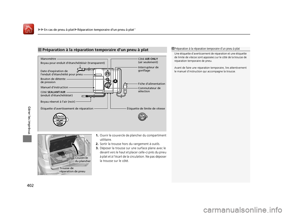 Acura RDX 2017  Manuel du propriétaire (in French) uuEn cas de pneu à plat uRéparation temporaire d’un pneu à plat*
402
Gérer les imprévus
1. Ouvrir le couvercle de  plancher du compartiment 
utilitaire.
2. Sortir la trousse hor s du rangement 