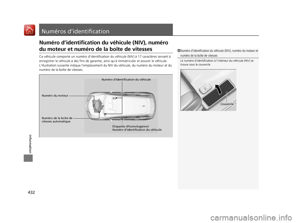 Acura RDX 2017  Manuel du propriétaire (in French) 432
Information
Numéros d’identification
Numéro d’identification du véhicule (NIV), numéro 
du moteur et numéro de la boîte de vitesses
Ce véhicule comporte un numér o d’identification d