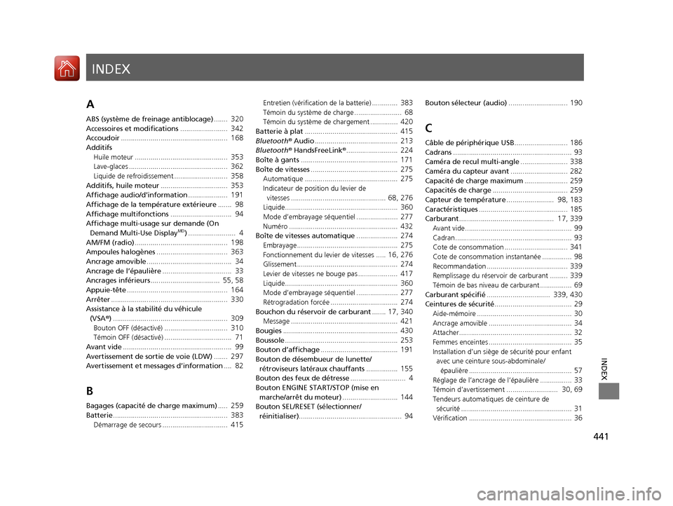 Acura RDX 2017  Manuel du propriétaire (in French) INDEX
441
INDEX
INDEX
A
ABS (système de freinage antiblocage).......  320
Accessoires et modifications........................  342Accoudoir......................................................  168