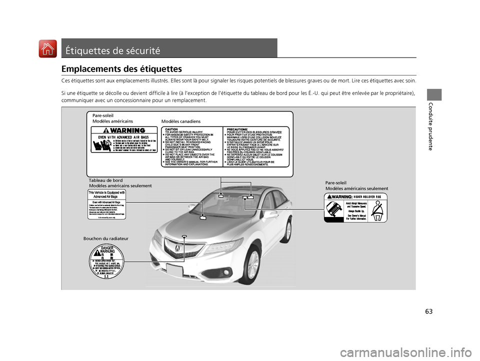 Acura RDX 2017  Manuel du propriétaire (in French) 63
Conduite prudente
Étiquettes de sécurité
Emplacements des étiquettes
Ces étiquettes sont aux emplacements illustrés. Elles sont là pour signaler les risques potentiels de bl essures graves o