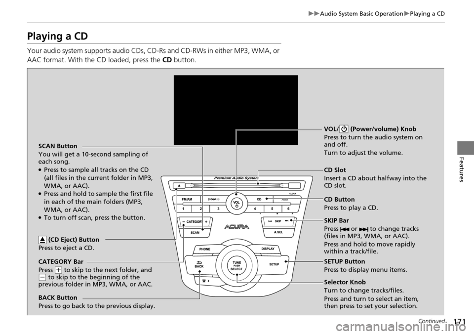 Acura RDX 2015 Owners Manual 171
uuAudio System Basic Operation uPlaying a CD
Continued
Features
Playing a CD
Your audio system supports audio CDs, CD-Rs and CD-RWs in either MP3, WMA, or
AAC format. With the CD loaded, press th Acura RDX 2015 Owners Manual 171
uuAudio System Basic Operation uPlaying a CD
Continued
Features
Playing a CD
Your audio system supports audio CDs, CD-Rs and CD-RWs in either MP3, WMA, or
AAC format. With the CD loaded, press th