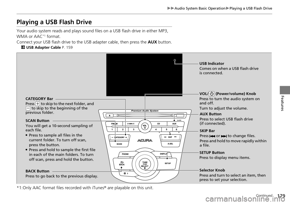 Acura RDX 2015 Owners Manual 179
uuAudio System Basic Operation uPlaying a USB Flash Drive
Continued
Features
Playing a USB Flash Drive
Your audio system reads and plays sound files on a USB flash drive in either MP3,
WMA or AA Acura RDX 2015 Owners Manual 179
uuAudio System Basic Operation uPlaying a USB Flash Drive
Continued
Features
Playing a USB Flash Drive
Your audio system reads and plays sound files on a USB flash drive in either MP3,
WMA or AA