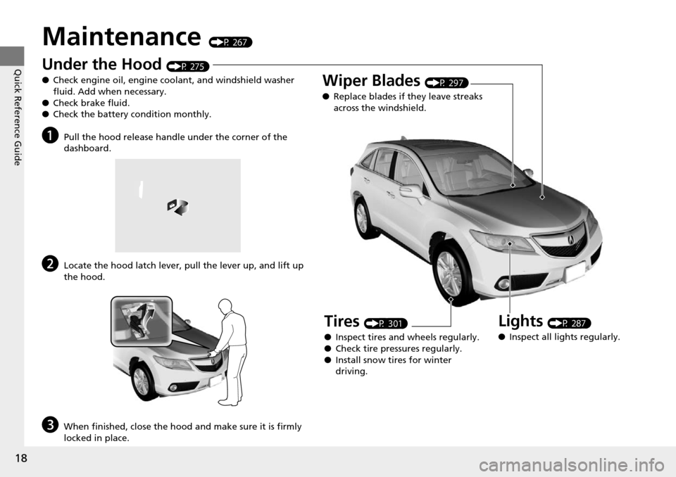 Acura RDX 2015 User Guide 18
Quick Reference Guide
Maintenance (P 267)
Under the Hood (P 275)
● Check engine oil, engine coolant, and windshield washer 
fluid. Add when necessary.
● Check brake fluid.
● Check the battery