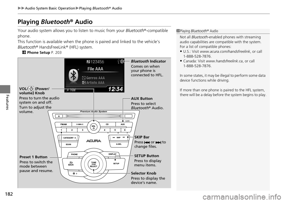 Acura RDX 2015  Owners Manual 182
uuAudio System Basic Operation uPlaying  Bluetooth ® Audio
Features
Playing Bluetooth ® Audio
Your audio system allows you  to listen to music from your Bluetooth®-compatible 
phone.
This funct