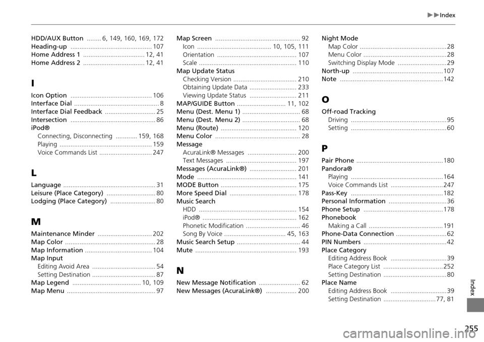 Acura RDX 2015  Navigation Manual 255
Index
Index
HDD/AUX Button  ........ 6, 149, 160, 169, 172
Heading-up  ............................................. 107
Home Address 1  .................................. 12, 41
Home Addres
