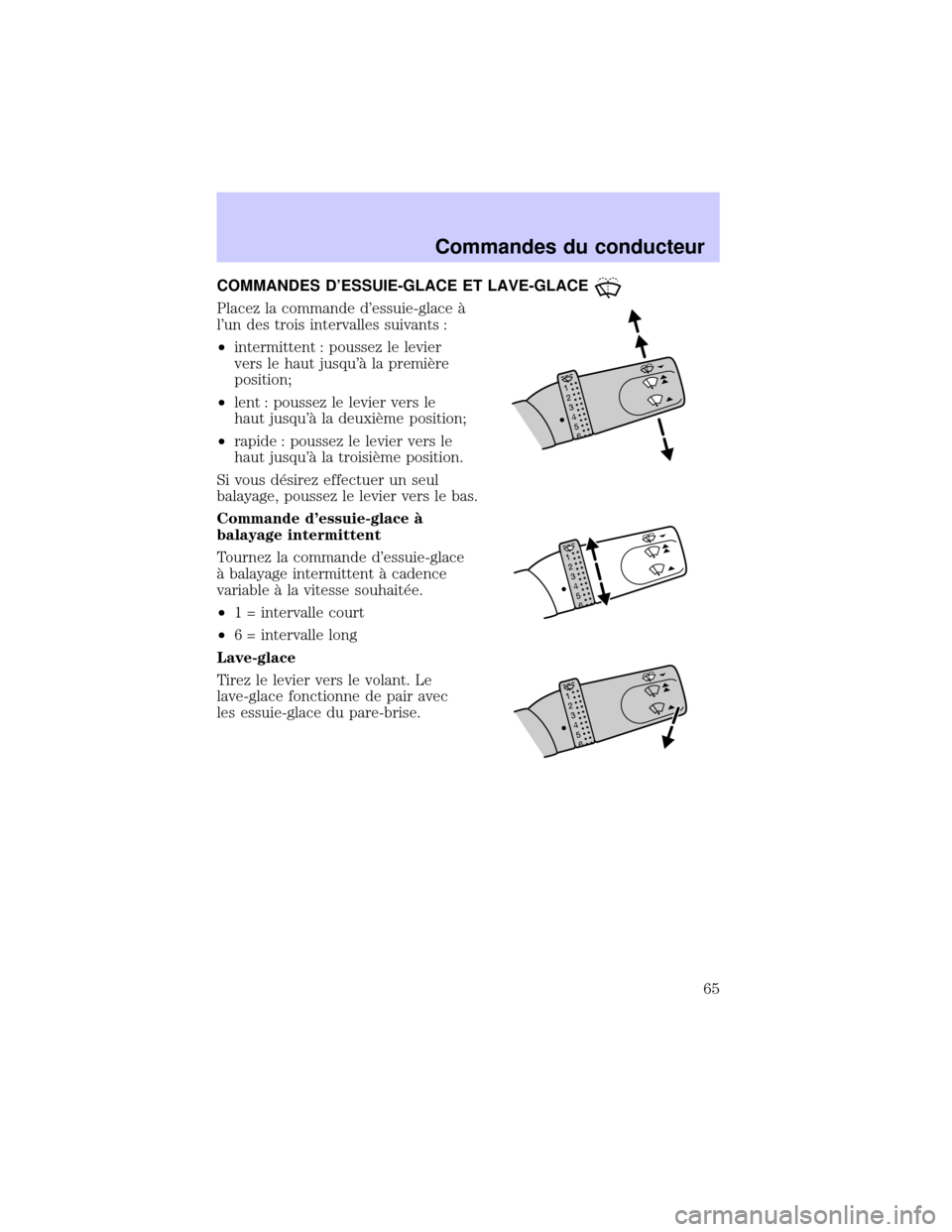 Mercury Mercury Cougar 2002  Manuel du propriétaire (in French) COMMANDES DESSUIE-GLACE ET LAVE-GLACE
Placez la commande dessuie-glace °
lun des trois intervalles suivants :
²intermittent : poussez le levier
vers le haut jusqu° la premiÖre
position;
²lent