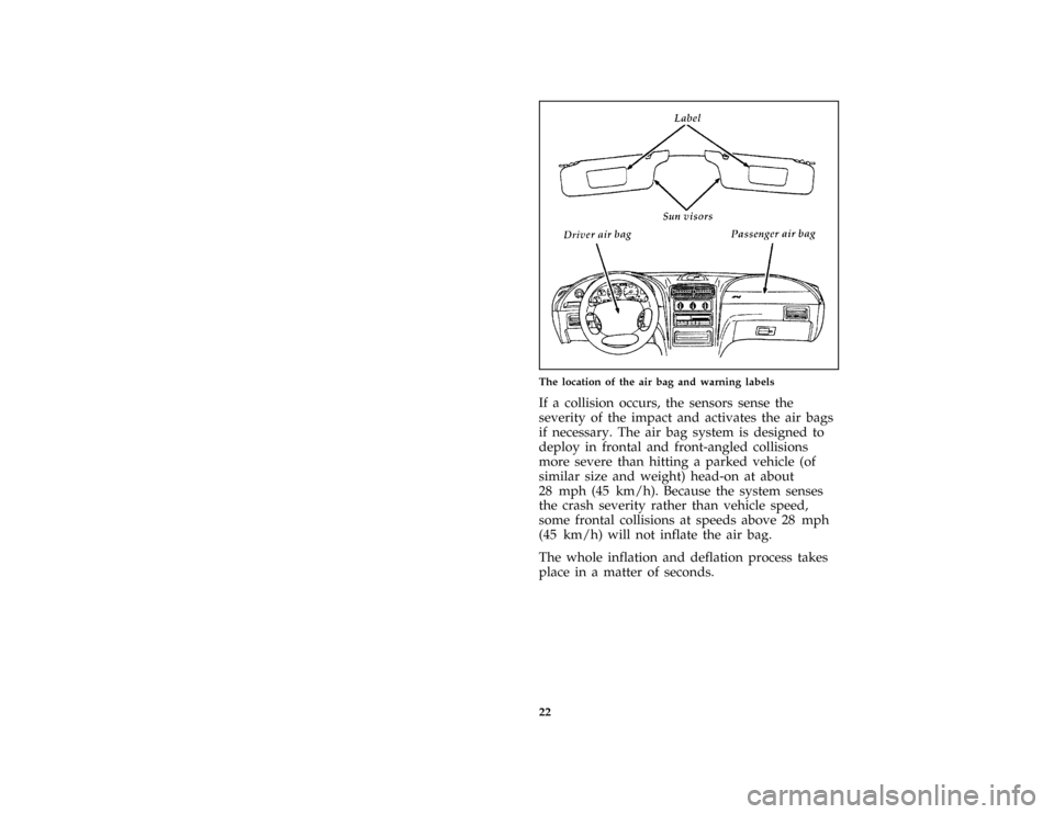 Mercury Mercury Cougar 1996  s Owners Guide 22 [SR20001( BC )05/95]
half page art:0011353-AThe location of the air bag and warning labels
*
[SR20800( ALL)05/95]
If a collision occurs, the sensors sense the
severity of the impact and activates t