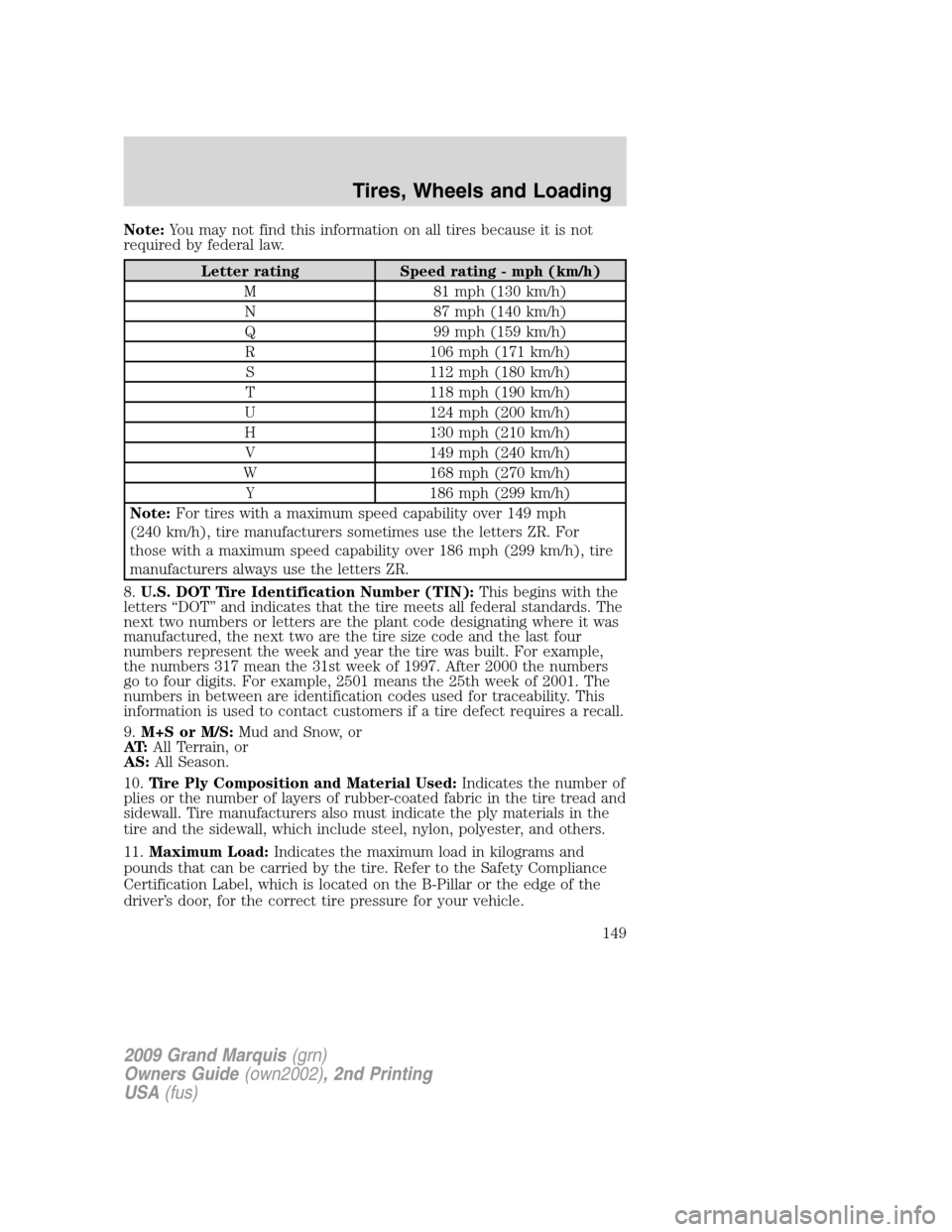 Mercury Grand Marquis 2009  Owners Manuals Note:You may not find this information on all tires because it is not
required by federal law.
Letter rating Speed rating - mph (km/h)
M 81 mph (130 km/h)
N 87 mph (140 km/h)
Q 99 mph (159 km/h)
R 106