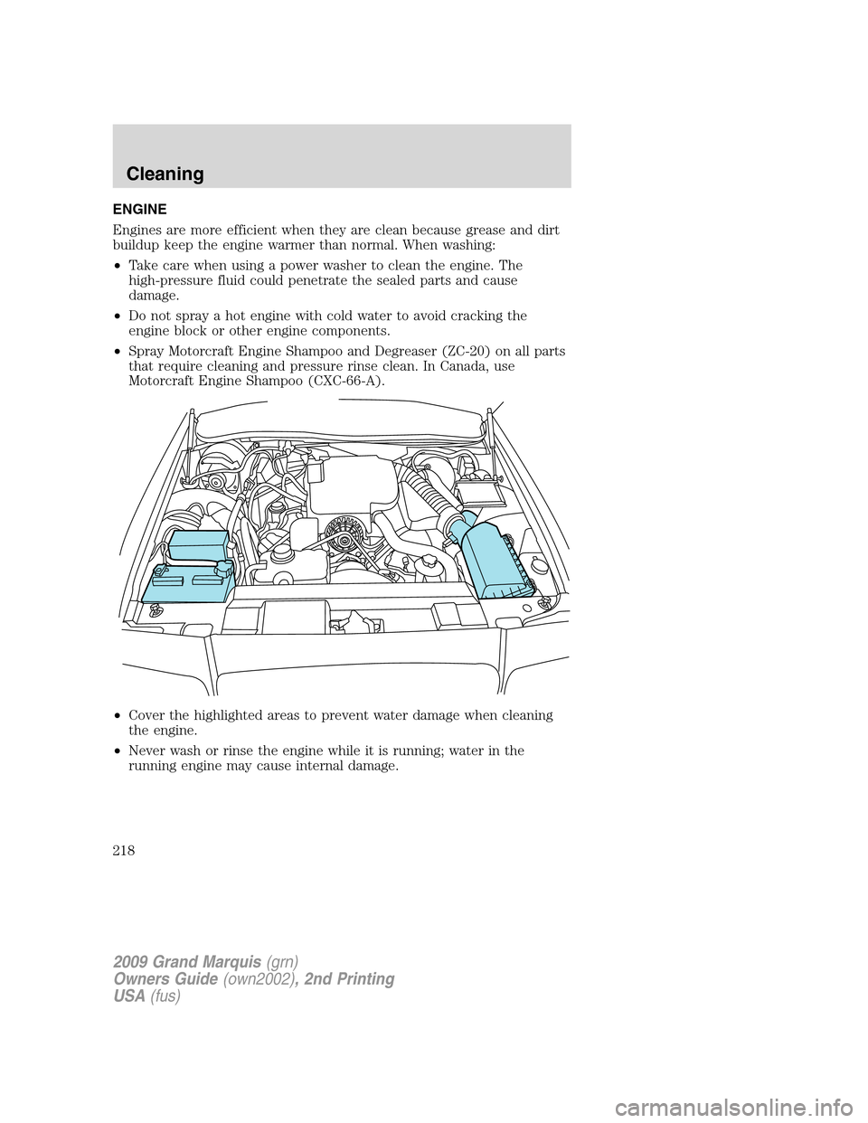 Mercury Grand Marquis 2009  Owners Manuals ENGINE
Engines are more efficient when they are clean because grease and dirt
buildup keep the engine warmer than normal. When washing:
•Take care when using a power washer to clean the engine. The
