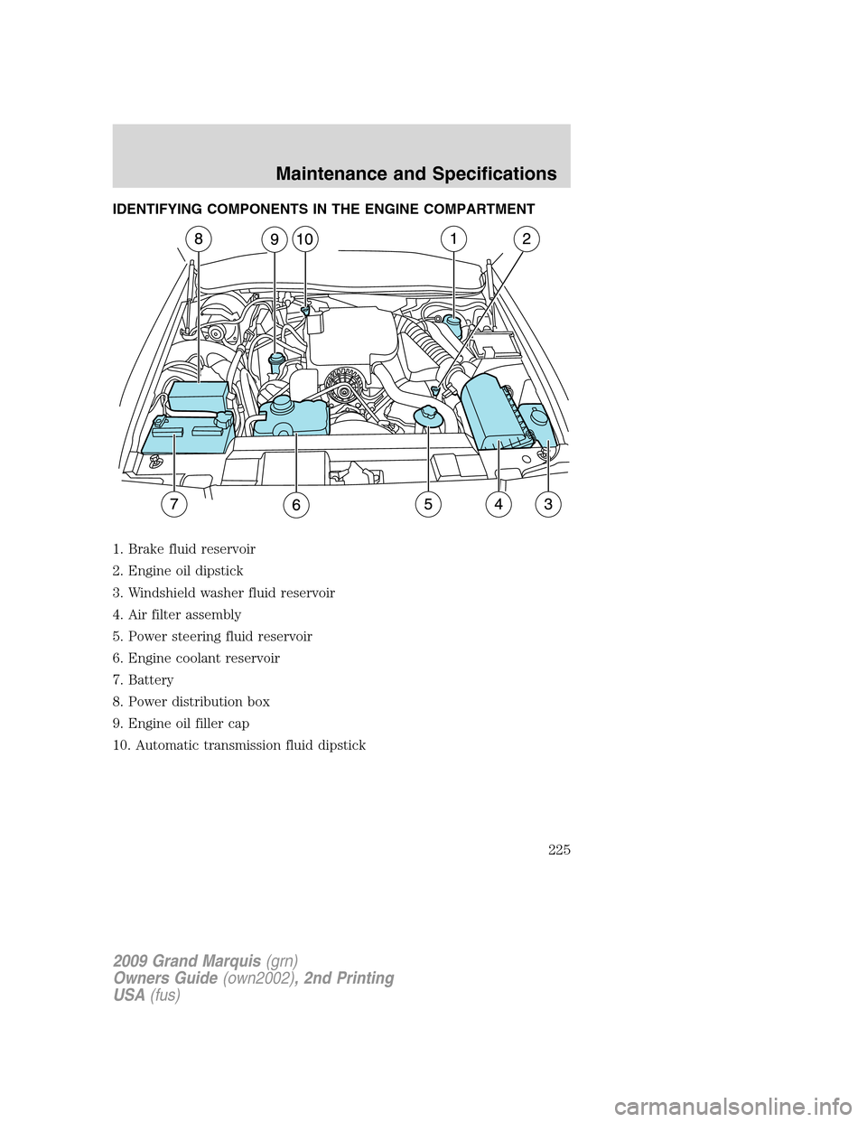 Mercury Grand Marquis 2009  s User Guide IDENTIFYING COMPONENTS IN THE ENGINE COMPARTMENT
1. Brake fluid reservoir
2. Engine oil dipstick
3. Windshield washer fluid reservoir
4. Air filter assembly
5. Power steering fluid reservoir
6. Engine